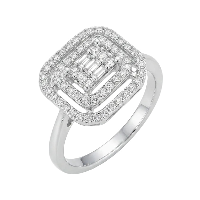 BALLERINA - Bague Double Halo Rectangle Baguette Argenté