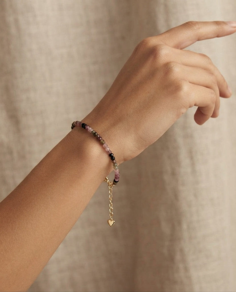 OURMALINE - Bracelet Perles Facettées Multicolores - Doré Coeur