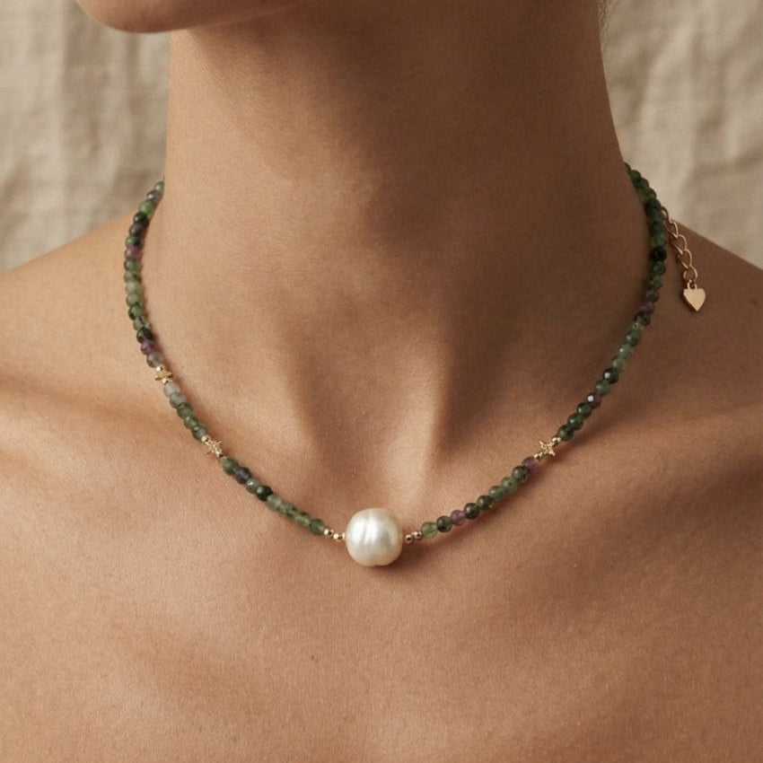 JADE - Collier Perle Baroque & Tourmaline Verte Doré