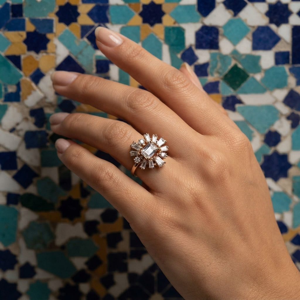 SUNBURST - Bague Soleil Baguette Princesse Rose Gold