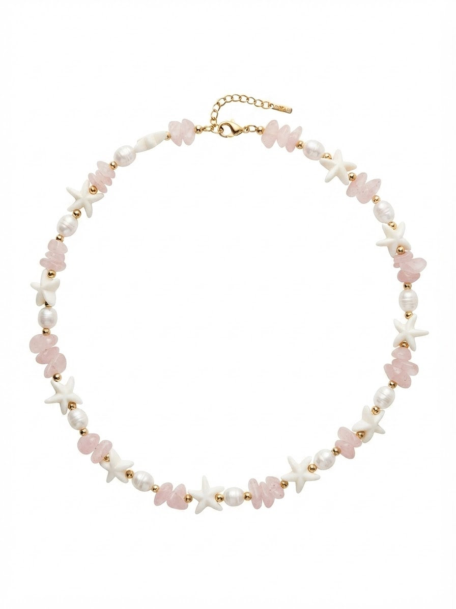 Collier BABY STAR Rosé - Quartz Rose, Étoiles de Mer & Perles d'Eau Douce