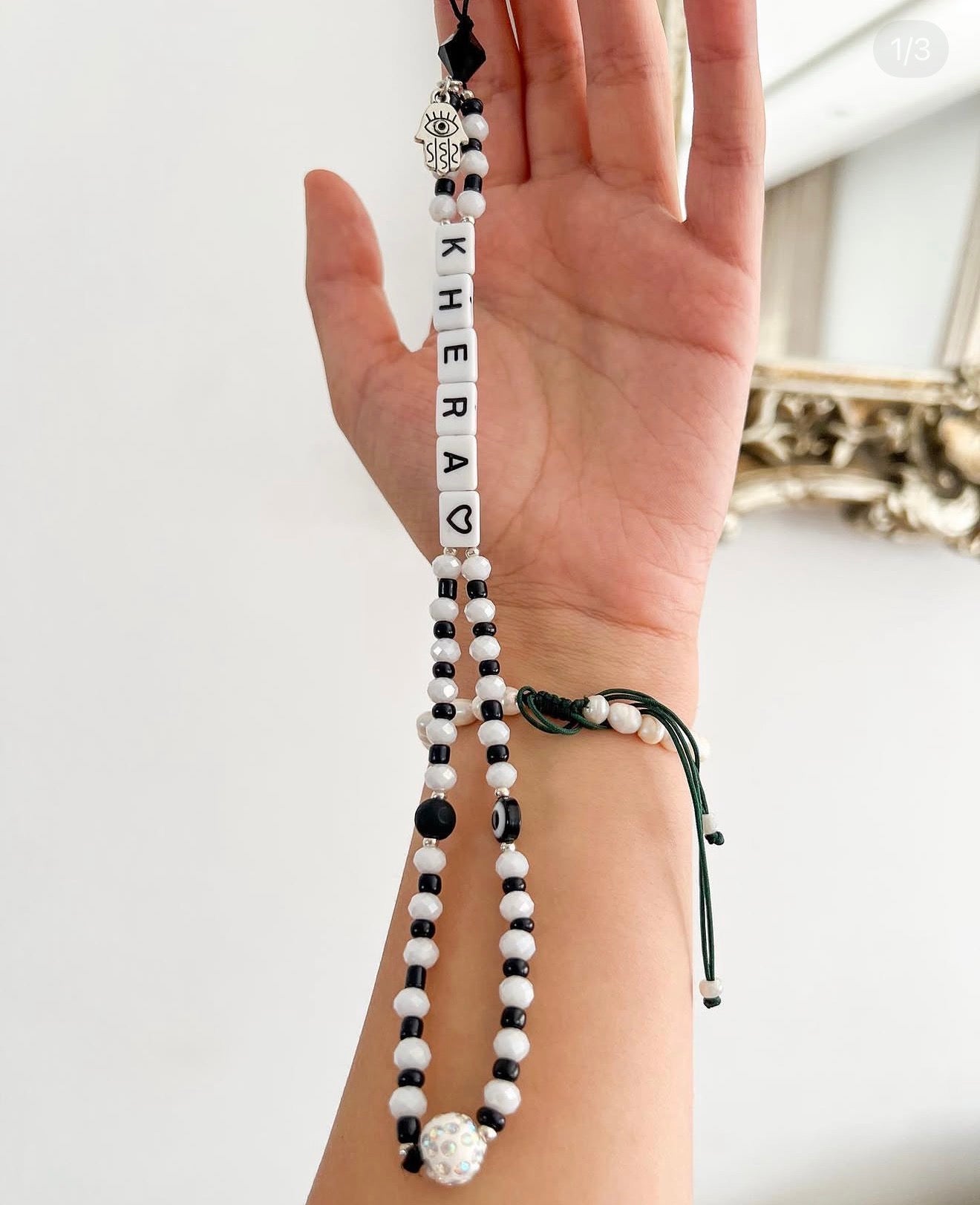 Phone Strap Noir & Blanc Prénom - Evil Eye & Main de Fatma