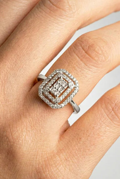 BALLERINA - Bague Double Halo Rectangle Baguette Argenté