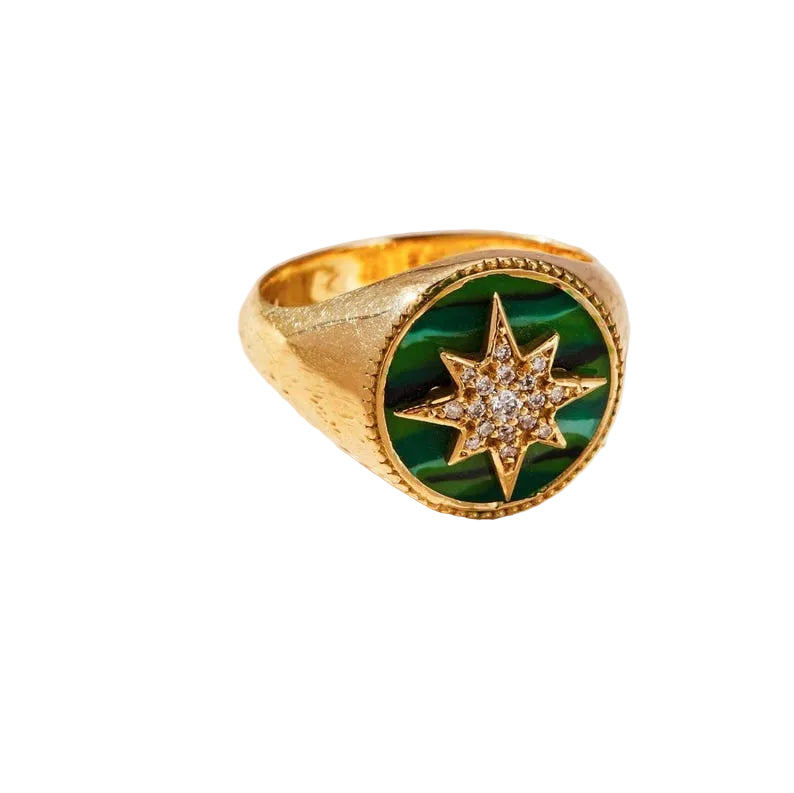 POLARIS - Chevalière Étoile du Nord Malachite Verte &amp; Doré